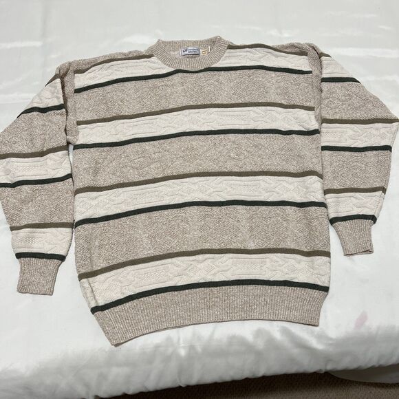 Fisherman Sweater 100% Cotton Cable Knit VINTAGE USA Grandpa Cottagecore Sz L - Picture 1 of 13